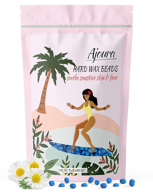 Ajoura 1lb Hard Wax Beads for Hair Removal, Chamomile Wax Beans for Full Body, Brazilian, Bikini Waxing, Face, Eyebrows, Underarms, Arms, Chest, Back, Legs, Home Refill wax for Wax Warmer Kit (Blue)
