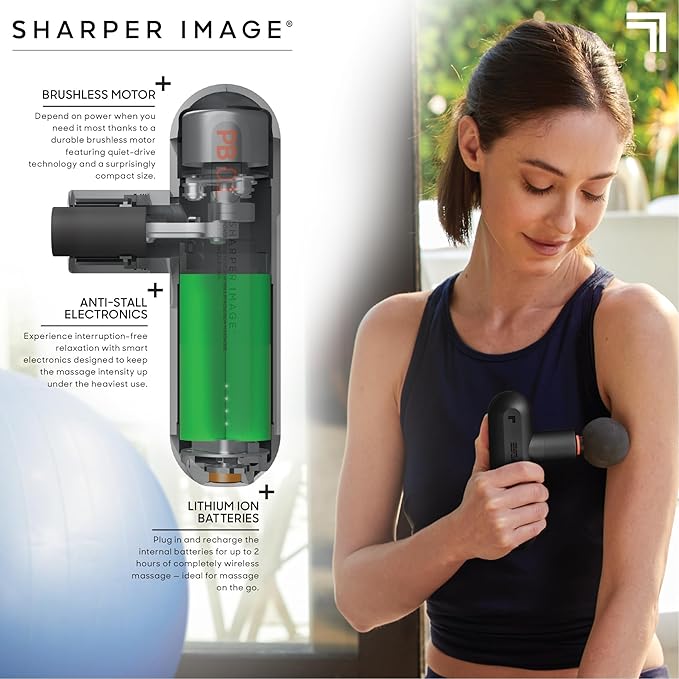 Sharper Image Percussion Massage Gun, Powerboost Move, Lightweight & Portable, 4 Attachments, 4 Speeds, Full Body Back & Shoulder Massager for Deep Tissue Muscle Recovery, Pain Relief & Soreness