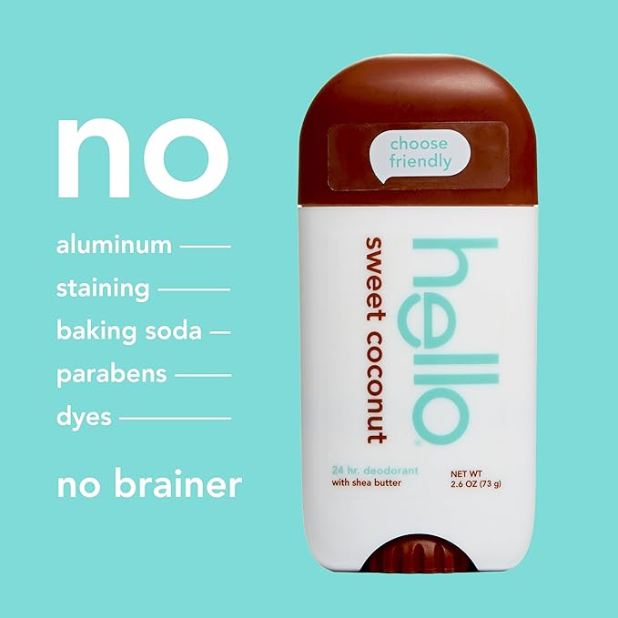 hello Sweet Coconut Aluminum Free Deodorant for Women and Men with Shea Butter, 24-Hour Freshness, Baking Soda Free Deodorant, Dermatologically Tested, 2.6 oz Stick (2 Pack)
