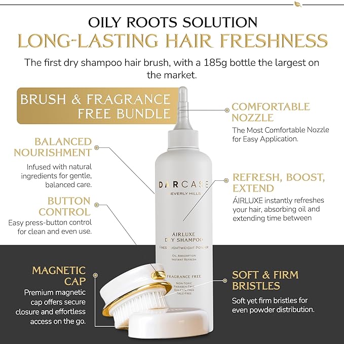 DARCASE Dry Shampoo Powder with Refillable Dry Shampoo Brush - Travel Size Powdered Shampoo Brush - Travel Essentials for Women - Pre-Filled 30ml Unscented Hair Powder Brush & 6.5oz Unscented Bottle