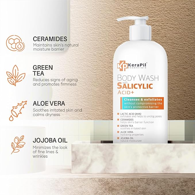 Exfoliating Body Wash With Salicylic Acid - Gentle Exfoliates Rough and Bumpy Skin, KP and Acne, with BHA & AHA - Unscented Body Wash, Made in USA - (16 fl oz)