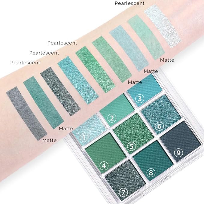 AMY'S DIARY Matte Shimmer Light Deep Green Eye Shadow Palette Makeup,Teal Eyeshadow Long Lasting Waterproof Cruelty-Free, 9 Blendable Shades in Smooth Finishes with Gorgeous Pearls for Girls (Green)