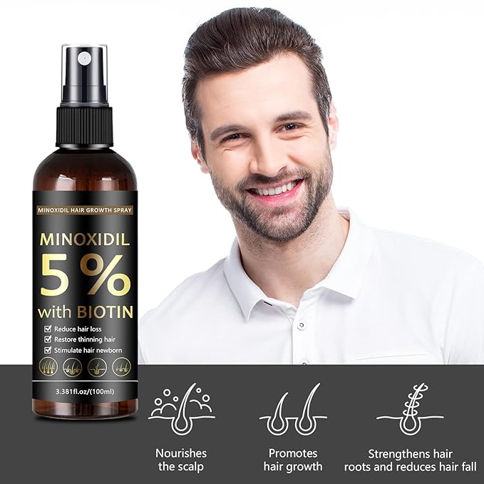 5% Minoxidil Hair & Beard Growth Spray with Biotin for Men & Women, Hair Regrowth, Treatment for Hair Loss & Thinning, for Stronger Thicker Fuller Healthier Hair, for All Hair Types, 3.38 oz