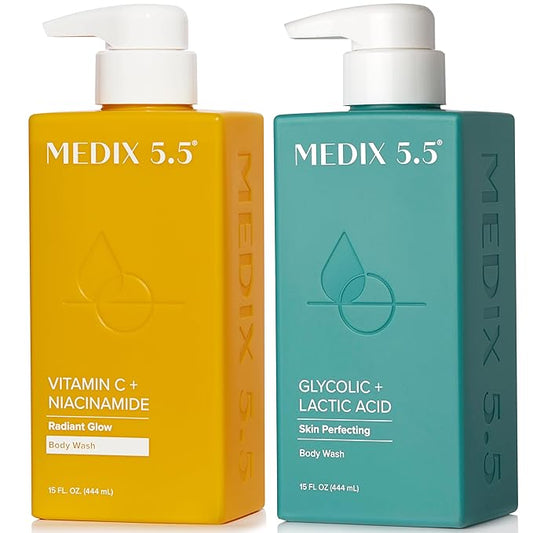 MEDIX Glycolic Acid + Lactic Acid Body Wash & Vitamin C Body Wash 2PC Skincare Bundle | Exfoliating Face Cleanser For Women, Keratosis Pilaris, & Acne + Radiant Glow Vitamin C Cleanser, 2PC Set