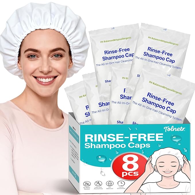 No Water Rinse Shampoo Caps, Microwavable Waterless Shampoo Cap for Bedridden Patients Elderly, Rinse Free Dry Hair Washing Caps for Camping, PH Balanced, Portable, Easy Life, 8 Pack