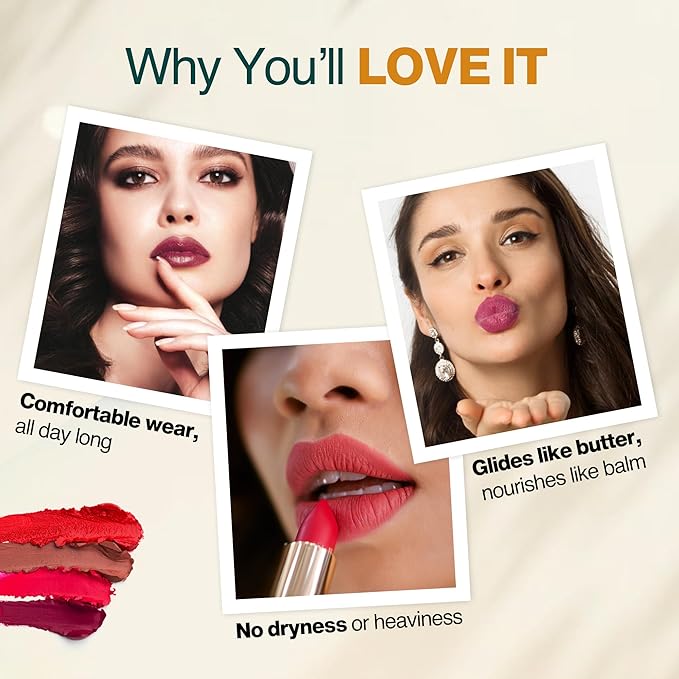 NOURISH MANTRA Creamy Matte Lipstick - Kashmiri Mirch | Non-drying, Highly Pigmented | Matte Finish | Enriched with Castor Oil & Vitamin E | Lipstick for Women | 4 g