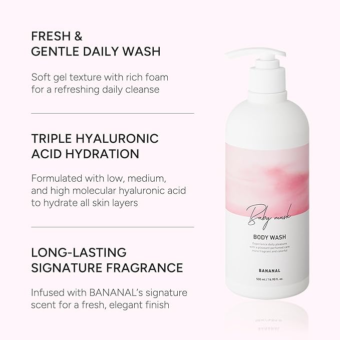 Korean Body Wash with Hyaluronic Acid & Aloe – Hydrating Moisturizing Cleanser for All Skin – Infused with Natural Extracts – Paraben & Silicone-Free – Baby Musk, 500ml / 16.9 fl oz
