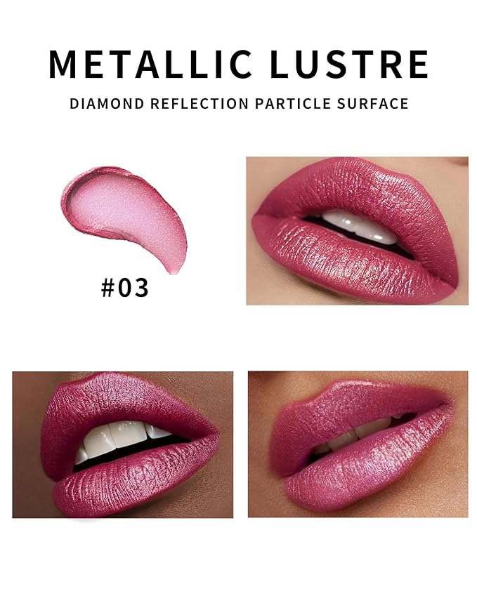 Glitter Metallic Shimmer Red Lipstick Long Lasting,Diamond High Pigmented Pink Metallic Matte Liquid Lipstick Non-Stick Nude Lip Gloss,Transfer Proof Lip Color Lip Stick Makeup for Women-03