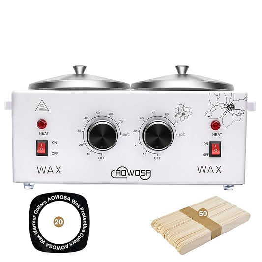 Professional Waxing Kit Wax Warmer Double Pot Wax Heater Machine for Hair Removal, Large Waxing Pot for Spa Salon Beauty Esthetician Home, with Adjustable Temperature Set, 50 Stick & 20 Collar(White)