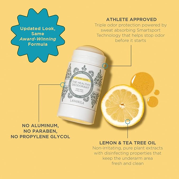 Lavanila Sport Luxe Aluminum Free Deodorant, 2oz - Triple Odor Protection, Fresh Scent - Solid Stick Deodorant for Men & Women, Vegan