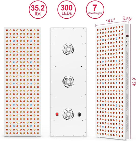 Red Light Therapy Full Body Panel, 480/630/660/810/830/850/1060nm 7 Wavelengths Blue Red Near Infrared Light Device with 300 Dual Chip Clinical Grade LEDs, Remote Control, Timer, BO-1500