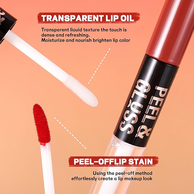 Liquid Lipstick with Clear Lip oil, Dual-Ended Peel-Off Lip Gloss, Long-Lasting Water-proof Lip Gloss (Orange Red)