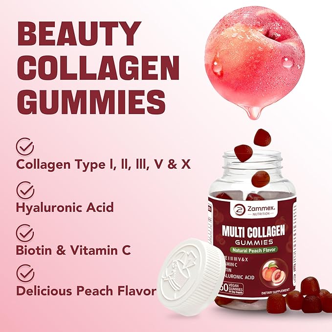 Zammex Multi Collagen Peptides Gummies (Type 1, 2, 3, 5 & 10), 30 Servings, Anti-Aging Collagen Gummy Supplements for Women&Men with Biotin Vitamin C, Hyaluronic Acid, Peach Flavor