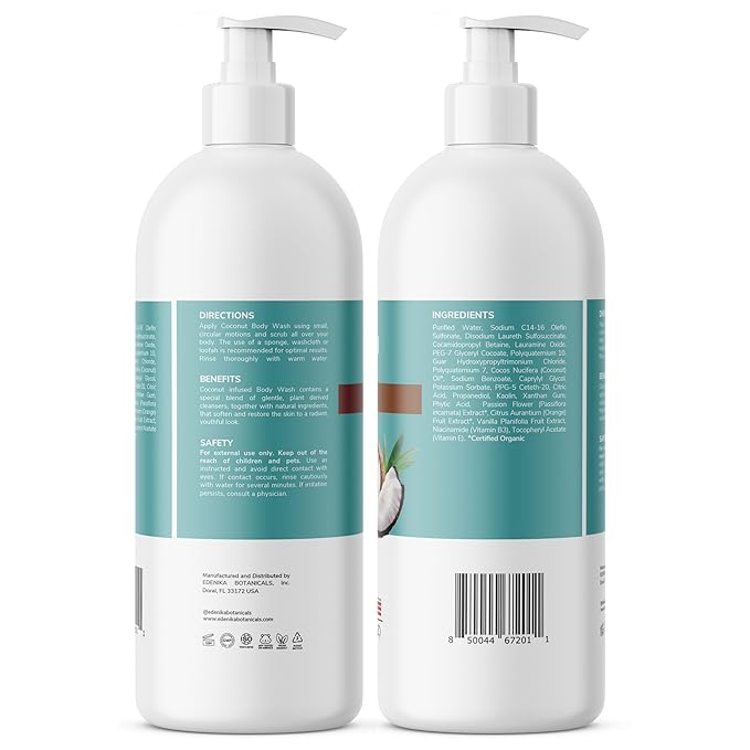 Coconut Body Wash, Cleans, Softens & Nourishes, Ultra Moisturizing Shower Gel for Dry and Sensitive Skin, Women & Men, Organic & Natural, 16 fl oz, 2-Pack