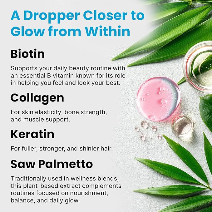 Liquid Collagen Peptides for Women - Serum Complex with Biotin Vitamin, Hydrolyzed Keratin Protein and Saw Palmetto - Comprehensive Formula for Hair, Skin, and Nails Wellness - 2fl oz (Pack of 1)