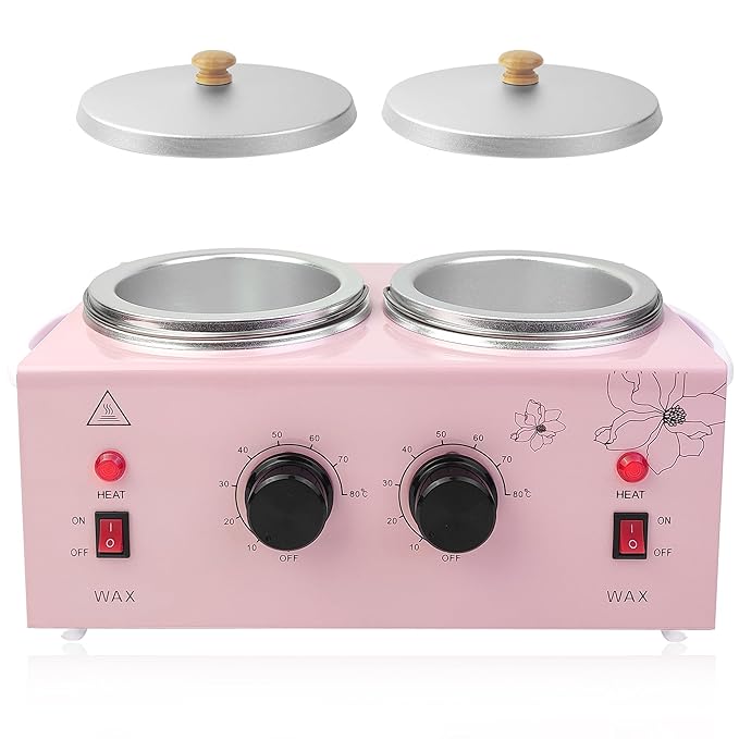 Portable Wax Warmer Machine for Painless Hair Removal, Women Men Professional Wax Heater with Adjustable Temperature Set, 40pcs Sticks (Pink - Double Pots)
