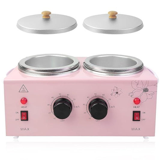 Portable Wax Warmer Machine for Painless Hair Removal, Women Men Professional Wax Heater with Adjustable Temperature Set, 40pcs Sticks (Pink - Double Pots)