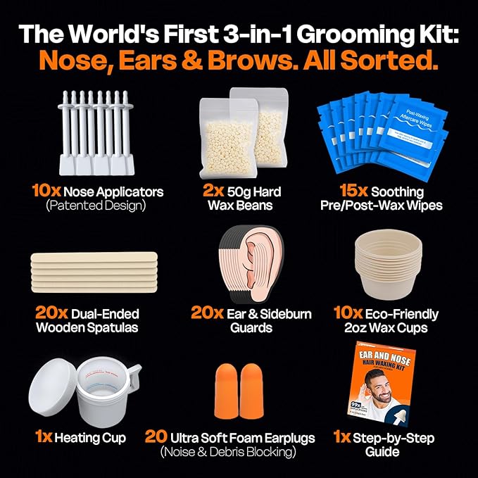Ear Hair Removal Kit for Nose and Eyebrow | 100 g Wax, 30 Sticks | Nose Wax Kit for Men and Women | Includes Balm Wipes,Earplugs, Ear Protectors | Lasts up to 5 Weeks | No Microwave Needed