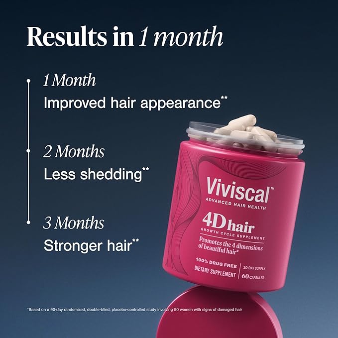 Viviscal 4D Hair Growth Cycle Supplements for Women for Full, Strong, and Healthy Hair; Made with Keratin, Vitamin A, Biotin, Zinc, 30 Day Supply, 60 Count