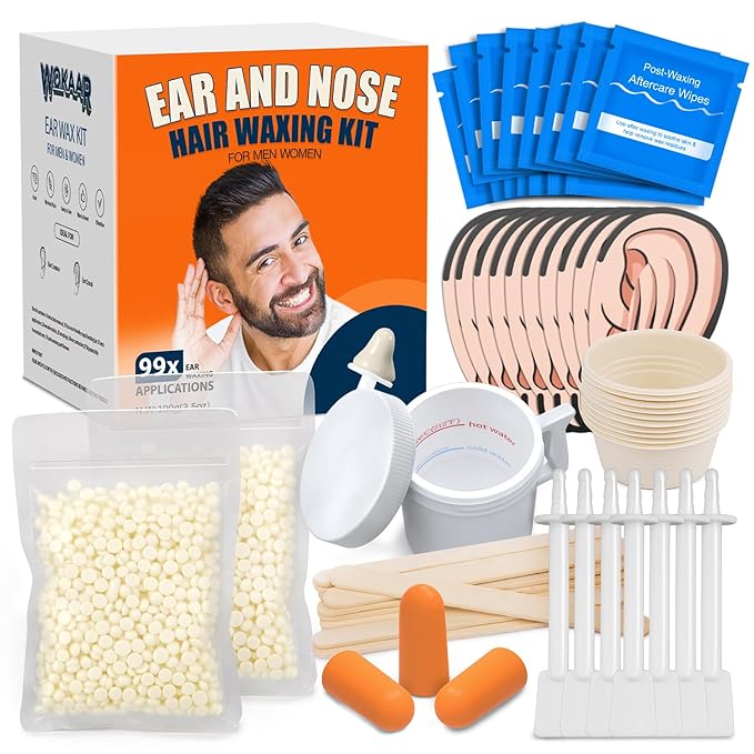 Ear Hair Removal Kit for Nose and Eyebrow | 100 g Wax, 30 Sticks | Nose Wax Kit for Men and Women | Includes Balm Wipes,Earplugs, Ear Protectors | Lasts up to 5 Weeks | No Microwave Needed
