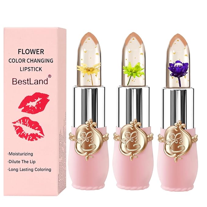 BestLand 3 Pcs/Set Flower Jelly Lipstick Set Temperature Change Moisturizer Long Lasting Nutritious Balm Magic Color Change Lip Gloss (Flower Jelly Lipstick 040506)