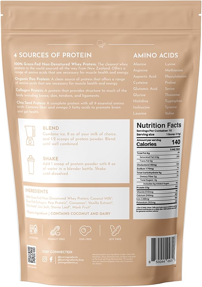 Just Ingredients Protein Powder | Snickerdoodle Protein Powder Made With 100% Grass Fed, Non Denatured Whey | Four Different Protein Sources | Organic Whole Food Ingredients | 15 Serving | 22g protein
