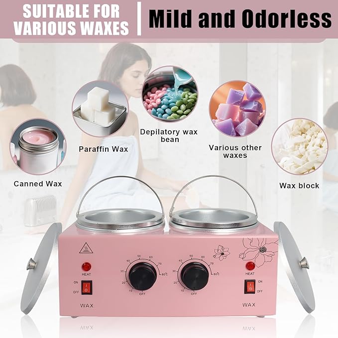 Wax Warmer Double Pot, Professional Electric Heater for Facial, Body, Spa, and Salon, 1.2L Dual Adjustable Temperature with 100 Wooden Craft Sticks, Hair Removal (Pink)