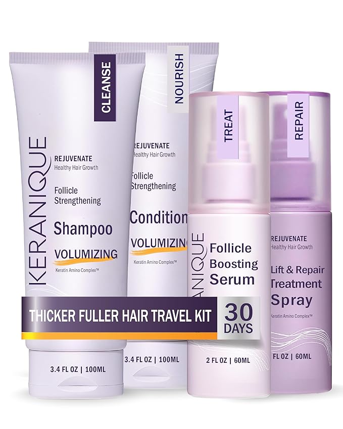 Keranique Hair Products Set for Thinning Hair - Volumizing Shampoo, Conditioner, Follicle Booster Serum, Spray for Fine Texture Boost, and Keratin Repair for Women
