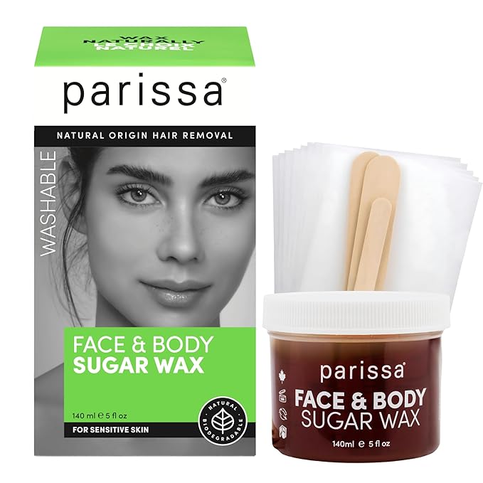 Parissa Face & Body Sugar Wax | 100% Natural, Vegan & Hypoallergenic, Gentle, Microwavable Formula for Sensitive Skin | Facial waxing kit for women | 20 Epilation Strips, 3 Spatulas | 140ml (5 Fl Oz)