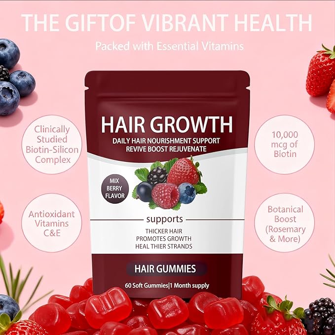 Lumin Hair Growth Gummies – Biotin, Vitamins & Plant Extracts, Supports Healthy Hair Growth & Strength, Skin & Nail Care - Mixed Berry Flavor, 60 Gummies