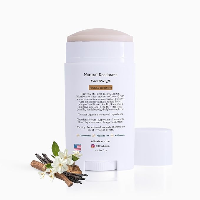 Extra Strength Tallow Deodorant - Aluminum-Free - Baking Soda, Beeswax, Coconut Oil, and Mango Butter - Vanilla and Sandalwood Deodorant for Men and Women - 3 oz