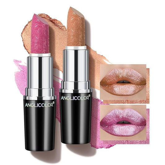 2pcs Metallic Glitter Gold and Pink Lipstick High Impact Lipcolor,Moisturizing Creamy Formula,Lipstick For Women,Smooth and Non-Sticky,Full-Coverage Lip Color