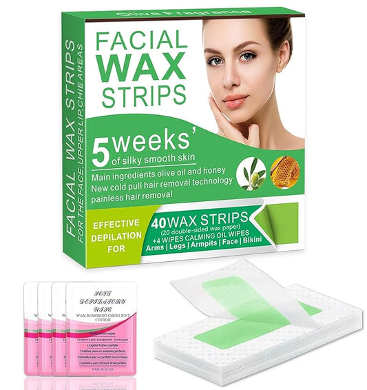 Facial Wax Strips for Women – 98% Natural Formula, Hypoallergenic for Sensitive Skin – Face Wax Strip for Hair Removal, Gentle & Quick Eyebrow Wax Strips for Upper Lip, Chin, Legs & Bikini Line