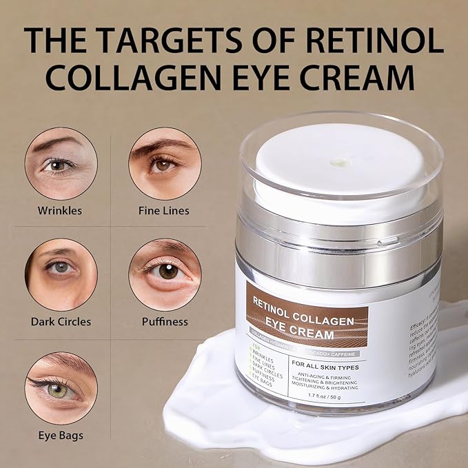 Eye Cream with Retinol Collagen for Wrinkles, Avocado for Hydrating, Caffeine and Vitamin C for Dark Circles and Puffiness, Moisturizer for Women, Nourishing Repair Anti Aging Cream