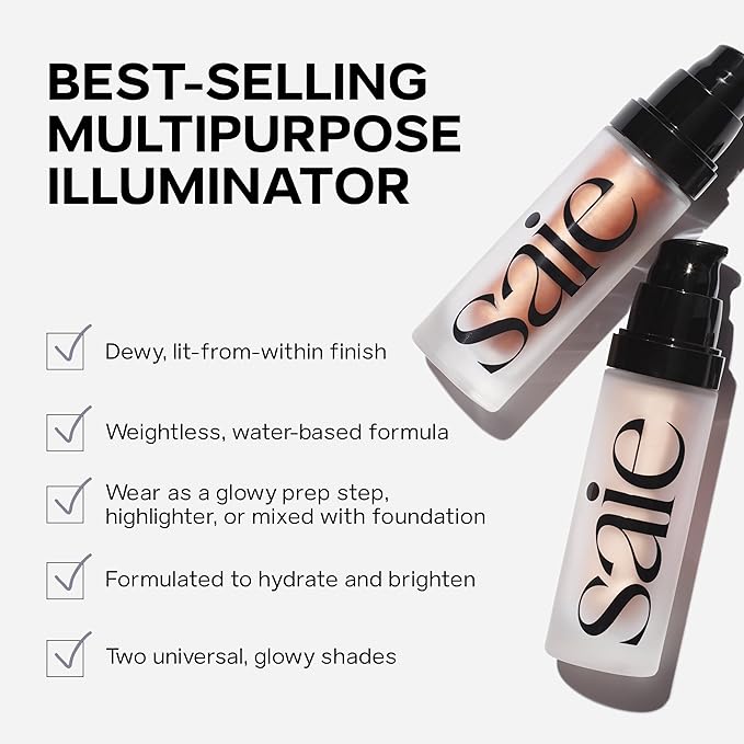 Saie Mini Glowy Super Gel - Hydrating Makeup Primer and Illuminating Glow Serum Enriched with Vitamin C and Squalane Oil - All-Over Liquid Highlighter Makeup for Instant Glass Skin - Sunglow (0.5 oz)