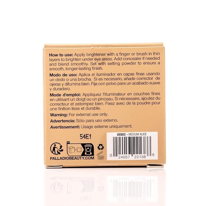 Palladio Under Eye Brightener, Conceal, Brightens, Reduces Appearance of Dark Circles, With Caffeine Peptides & Vitamin E, Tired Skin Color Correcting Brightener & Primer (Medium Nude)