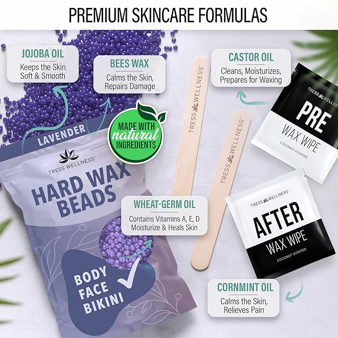 Tress Wellness Waxing Kit for Sensitive Skin – Safe for Face & Skin, Prep & Aftercare Wipes, Easy to Use – At-Home Kit for Face, Bikini, Brazilian & Full Body - Black, No Display
