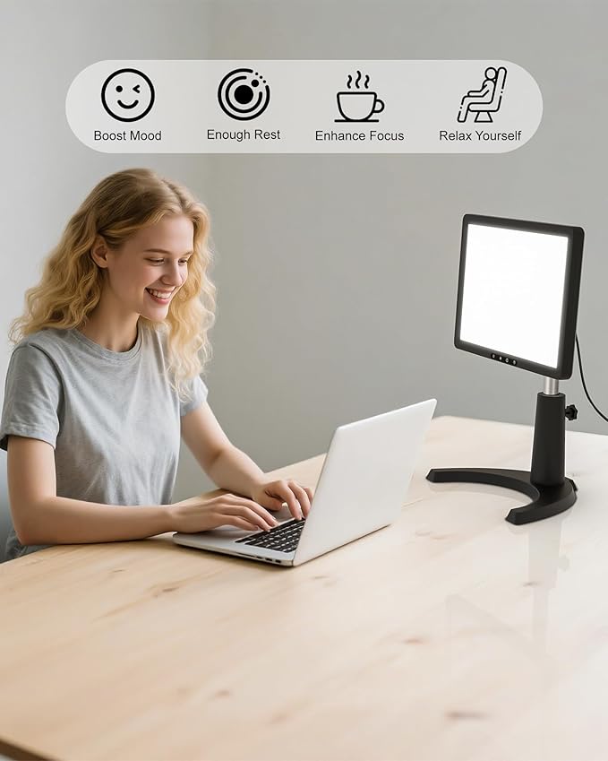 Light Therapy Lamp, 12000 Lux Full Spectum LED Sun Therapy Light with 5Modes, 3 in 1 Mount, Adjustable Brightness/Timer/Memory, Boost Mood, Focus and Sleep, Black