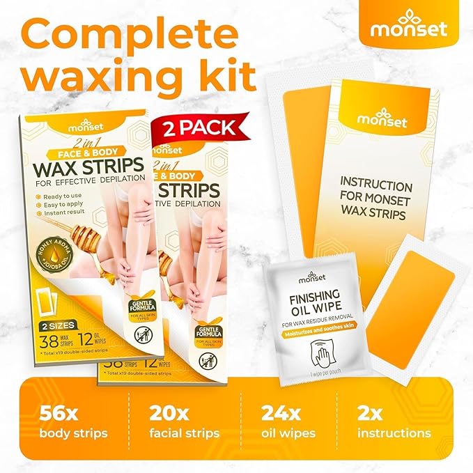 Wax Strips 76 Count – 56 Body Strips, 20 for Face and 24 Finish Wipes – Body and Facial Hair Removal for Women and Men – Hair Remover Wax Kit for Upper Lip, Legs, Underarms – 2 Pack