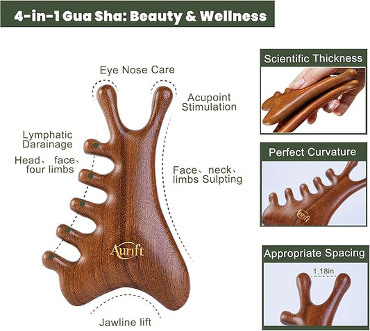 4 in 1 Gua Sha Tool & Hair Detangler Brush Set, Christmas Gifts for Women, Guasha Massager Tool for Face & Body, Eyes Care, Lymphatic Drainage, jawline Shaper, Wooden Scalp Neck Massager