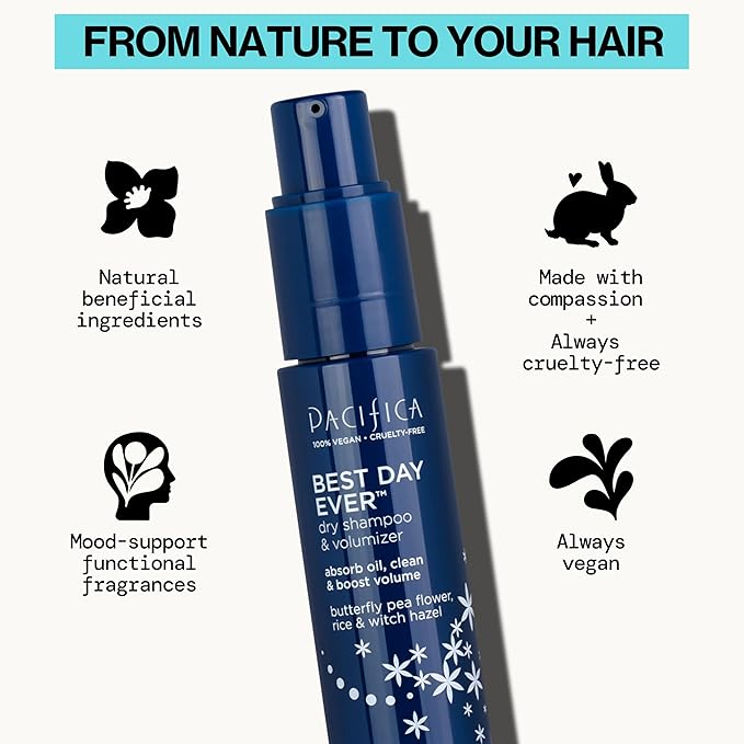 Pacifica Dry Shampoo Powder - Best Day Ever Waterless Shampoo & Instant Volumizer - adds Texture, Refreshes & Absorbs Oil, Non-Aerosol for Women of All Hair Types Natural & Vegan Dermatologist Tested