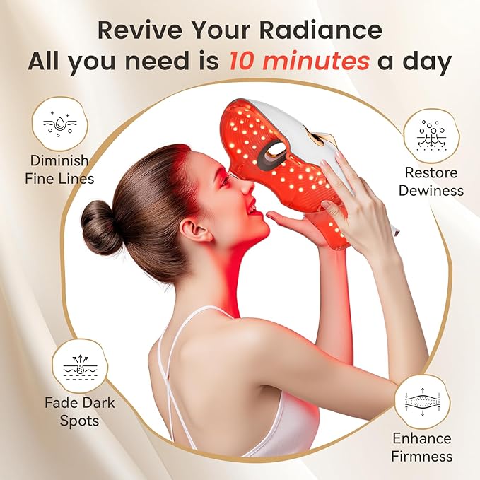 Red Light Therapy Mask for Face & Neck, LED Face Light Therapy,USB C Rechargeable,Infrared Mask for Home Working Travel Yoga (White Gold)