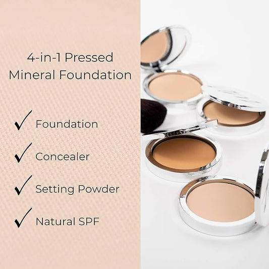 4-in-1 Pressed Foundation Powder with Natural SPF, Concealer & Finishing for Medium to Full Coverage Foundation, Mineral-Based (Eva, 0.35 oz)