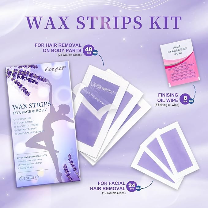 72PCS Wax Strips for Hair Removal, 48 Body & 24 Face Wax Strips with 8 calming Oil Wipes, At Home Waxing Kit for Women & Men - Body, Arms, Legs, Back, Bikini & Brazilian, Hypoallergenic All Skin Types