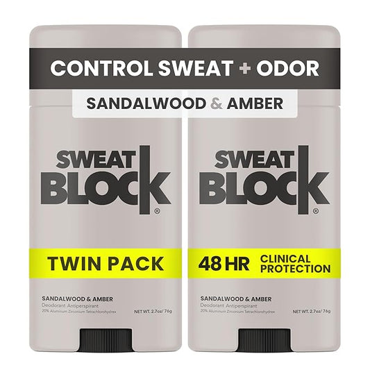 SweatBlock Clinical Strength Deodorant and Antiperspirant for Men and Women Sandalwood & Amber Scent 2 Pack 48 Hour Protection Against Odor & Excessive Sweat Ideal for Active Lifestyles and Daily Use