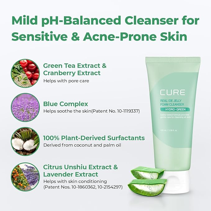 CURE Aloe Vera Foam Cleanser – Hydrating Gentle Korean Face Wash with Aloe & Centella for Sensitive Skin, Pore Care & Deep Cleansing, 3.38 fl oz