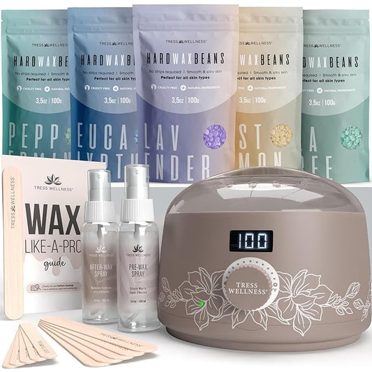 Tress Wellness Waxing Kit for Sensitive Skin – Safe for Face & Skin, Prep & Aftercare Spray, Easy to Use – At-Home Kit for Face, Bikini, Brazilian & Full Body - Digital Display, Dusty Chocolate