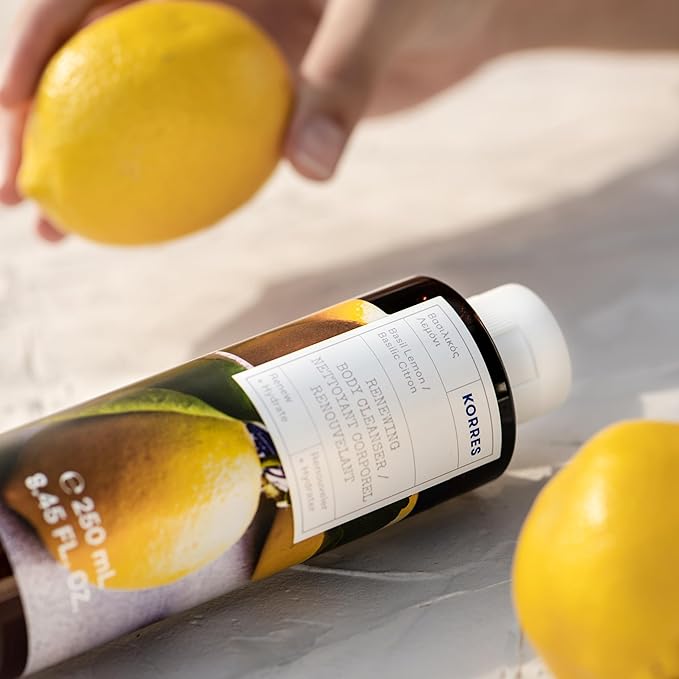 KORRES Renewing Body Cleanser, Basil Lemon Scent, Foaming Shower Gel for Women & Men with Hydrating Greek Botanicals, Body Wash for Smooth Skin, Vegetarian & Cruelty Free, Made in Greece, 8.45 Fl Oz