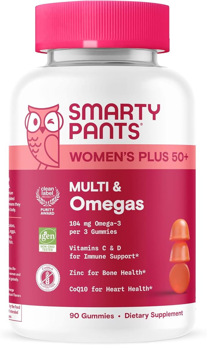 SmartyPants Multivitamin Gummy for Women 50 and Over - Improved Formula: Omega 3 (DHA/EPA), Methylfolate, CoQ10, Vitamin D3, C, Vitamin B12, B6, A, K, Biotin, Gluten Free, 90 Count (30 Day Supply)