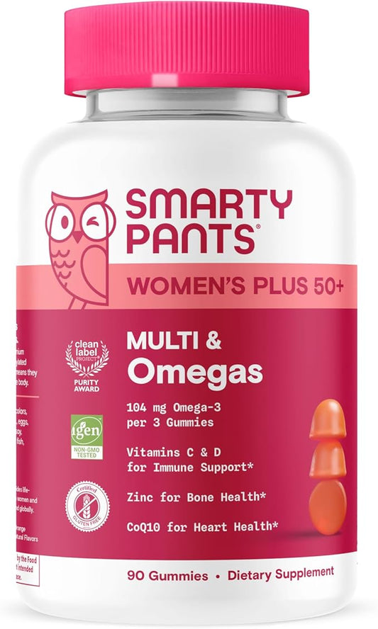 SmartyPants Multivitamin Gummy for Women 50 and Over - Improved Formula: Omega 3 (DHA/EPA), Methylfolate, CoQ10, Vitamin D3, C, Vitamin B12, B6, A, K, Biotin, Gluten Free, 90 Count (30 Day Supply)